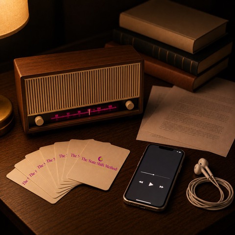 Nachtkastje om 3 uur: vintage radio, de State Shift kaarten en een audio die klaarstaat