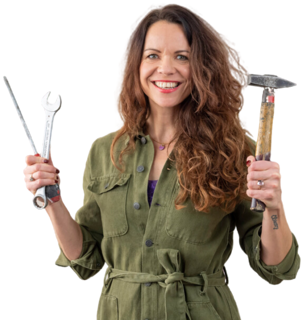 Sylvia holding a hammer and wrench