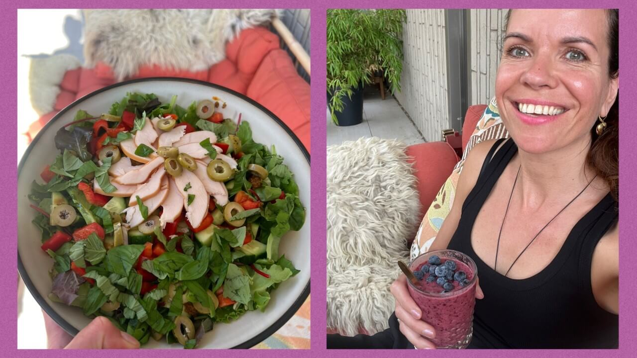 Sylvia poseert met smoothie en je ziet een salade